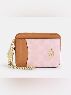 NWT Zip Card Case In Signature Canvas With Charm gold/powder pink 🩷